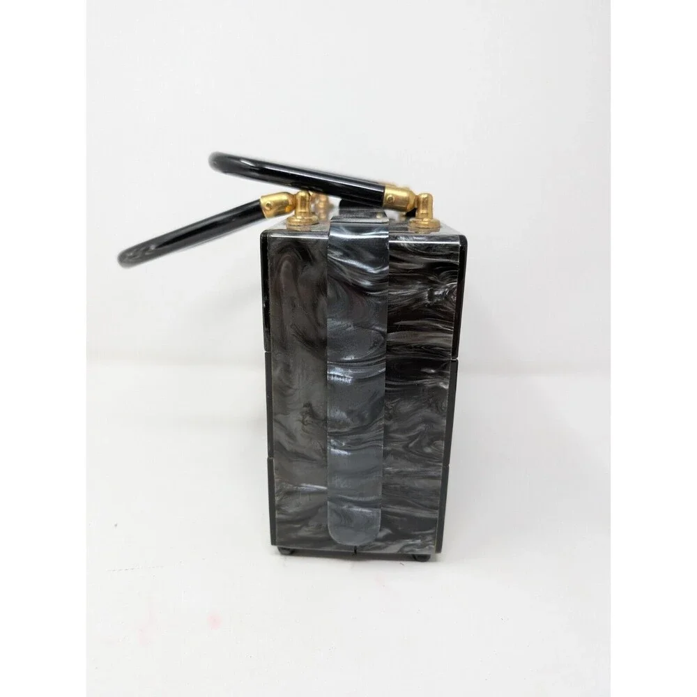 Vintage StyleCraft Handbag Purse Black Pearlized Marbled Lucite Vanity 60s As Is - Picture 2 of 11